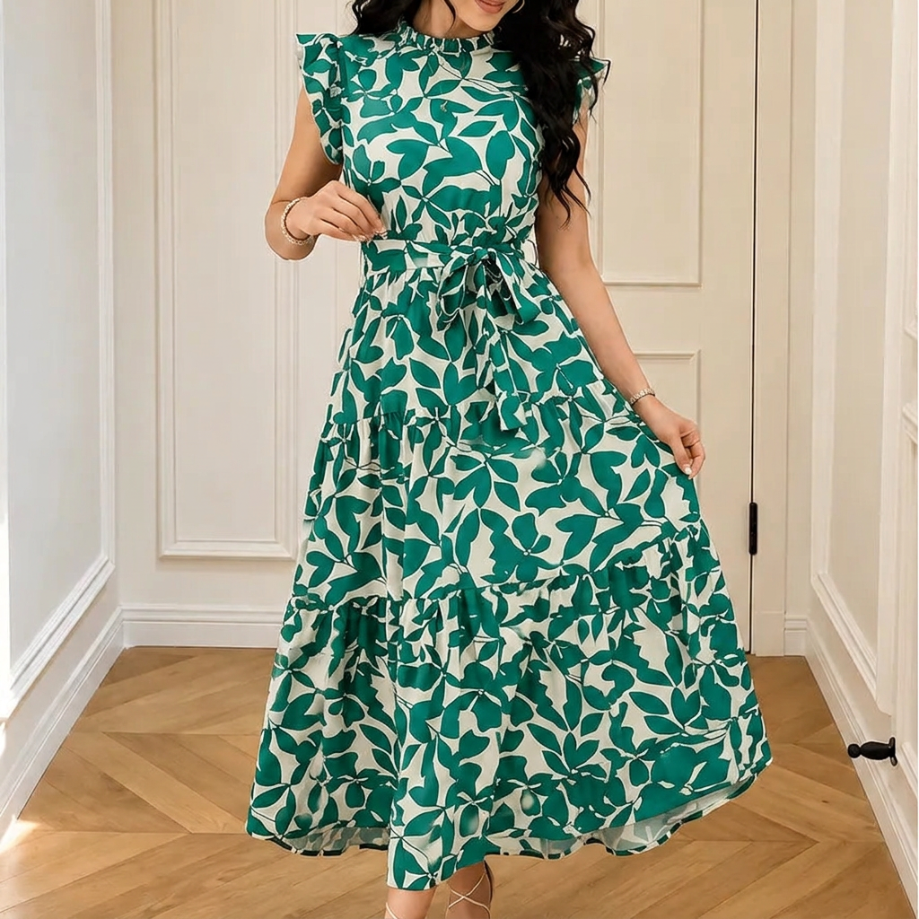 Sunlura – Flutter Sleeve Tie Waist Tiered Midi Dress, Summer Floral Print, Women&