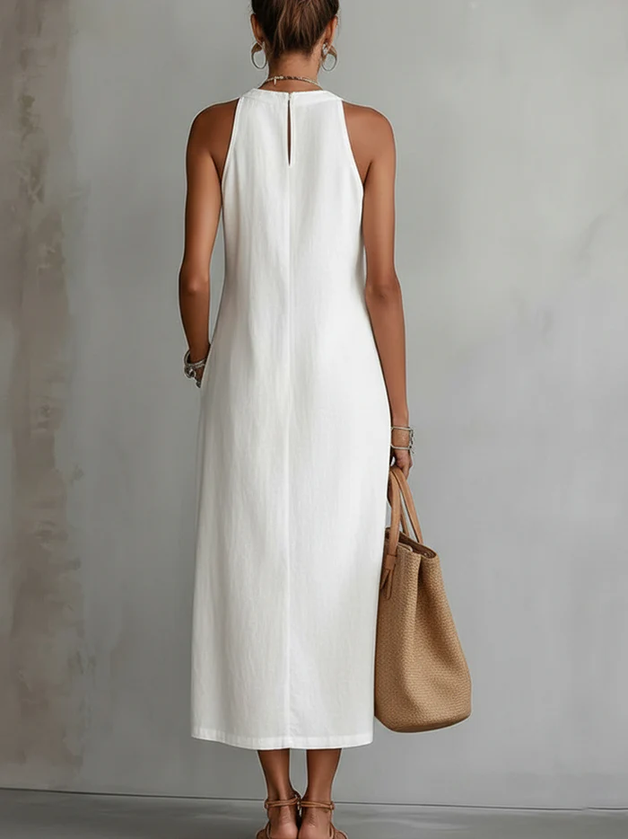 Beatriz | Midi Linen Dress with Lace and High Neck