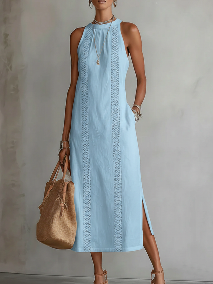 Beatriz | Midi Linen Dress with Lace and High Neck