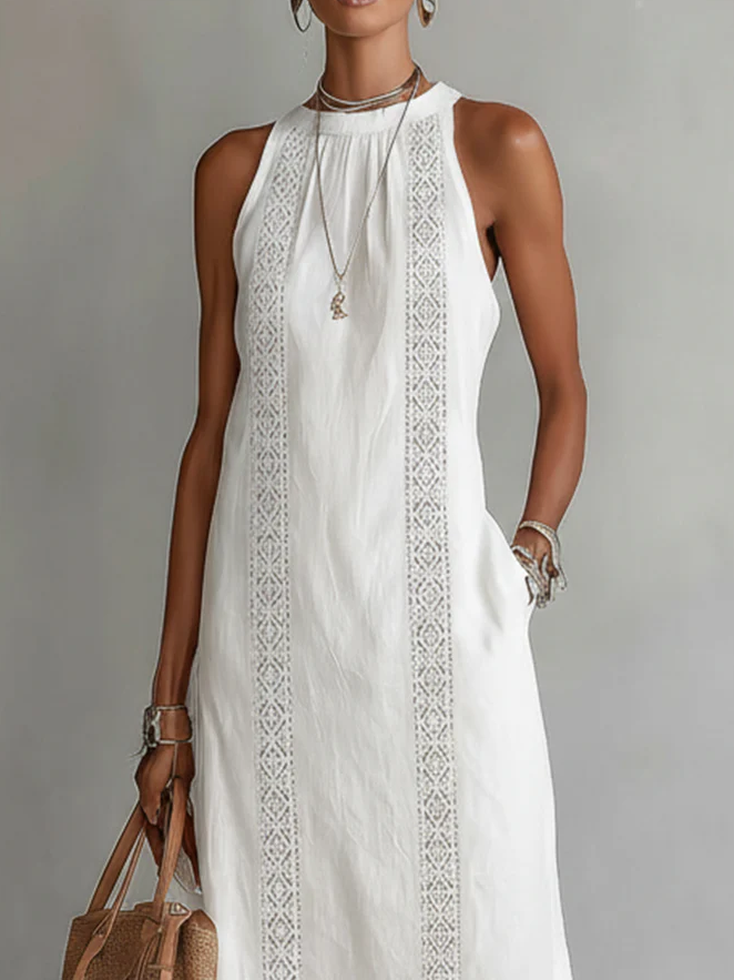 Beatriz | Midi Linen Dress with Lace and High Neck