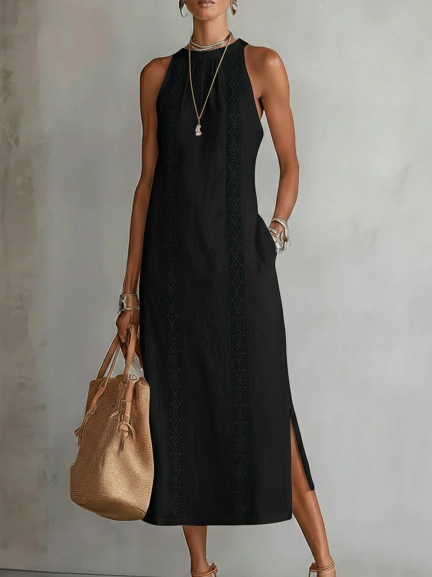 Beatriz | Midi Linen Dress with Lace and High Neck