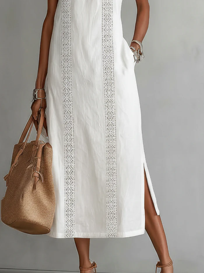 Beatriz | Midi Linen Dress with Lace and High Neck