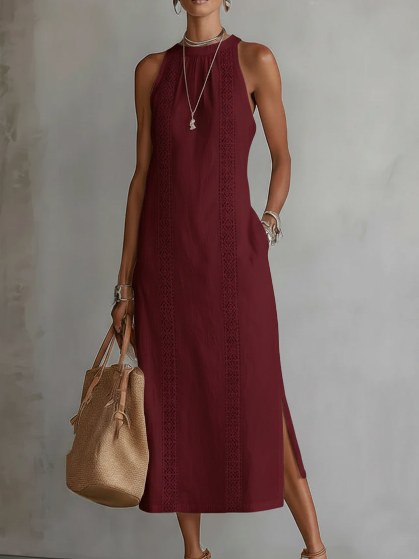 Beatriz | Midi Linen Dress with Lace and High Neck