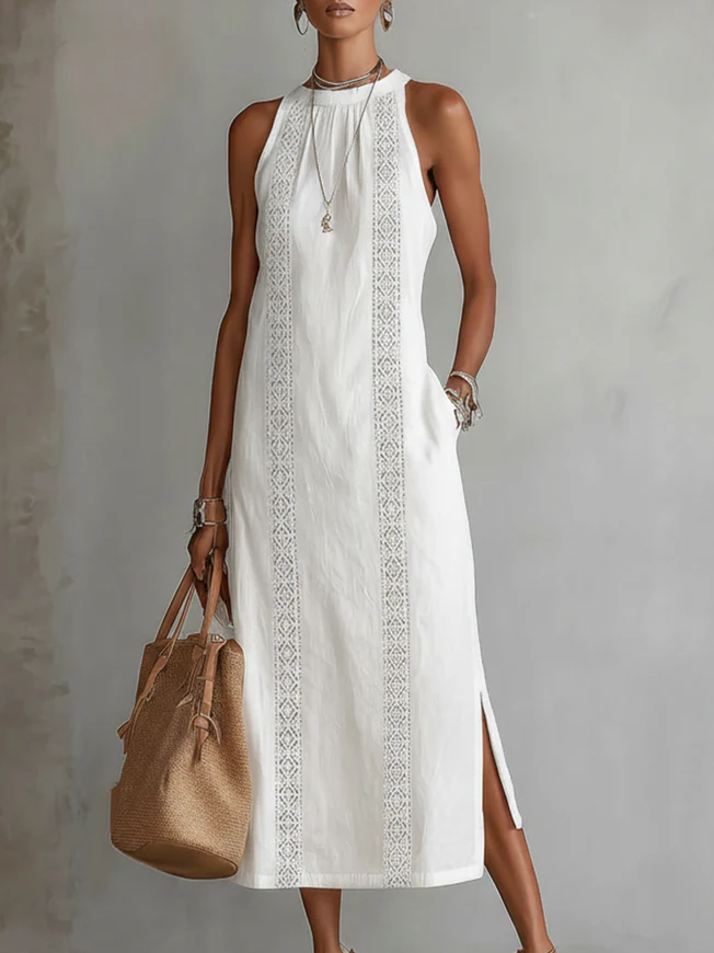 Beatriz | Midi Linen Dress with Lace and High Neck