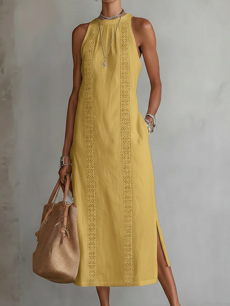 Beatriz | Midi Linen Dress with Lace and High Neck