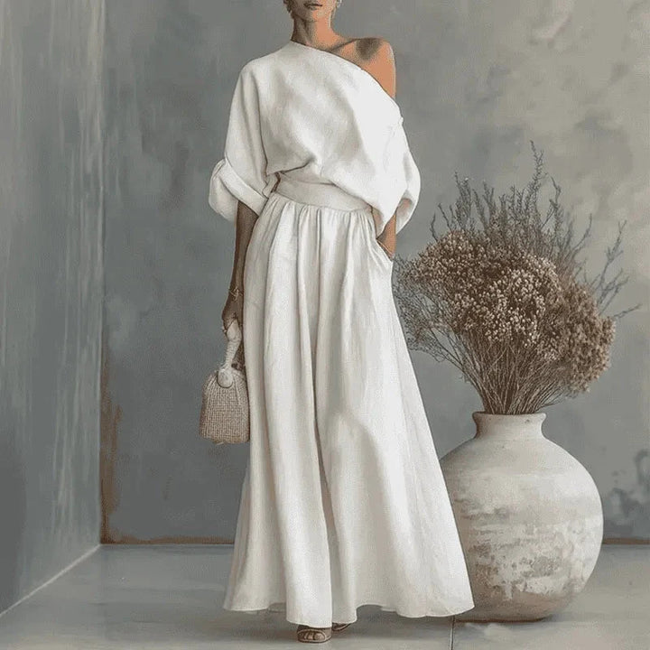 Solendra – Coordinated One-Shoulder Top and Flowing Wide-Leg Pants