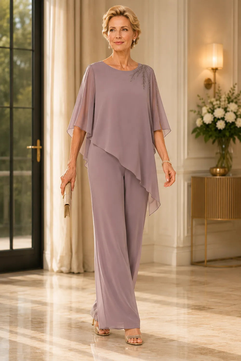 Pantalon de cérémonie en mousseline orné pour la mère de la mariée