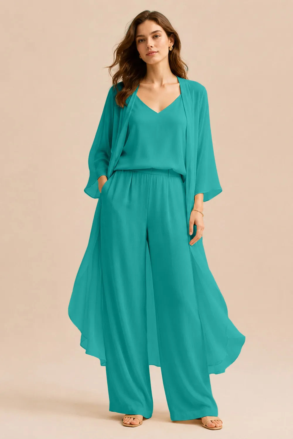 Ensemble raffiné caraco et pantalon avec veste en mousseline