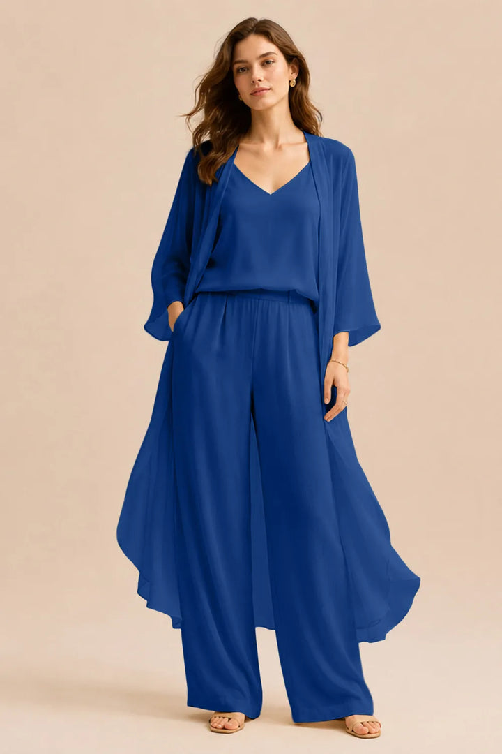 Ensemble raffiné caraco et pantalon avec veste en mousseline