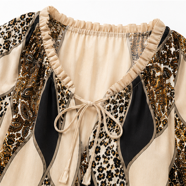 Sorelia – Mixed Print Patchwork Blouse, Leopard &amp; Paisley V Neck