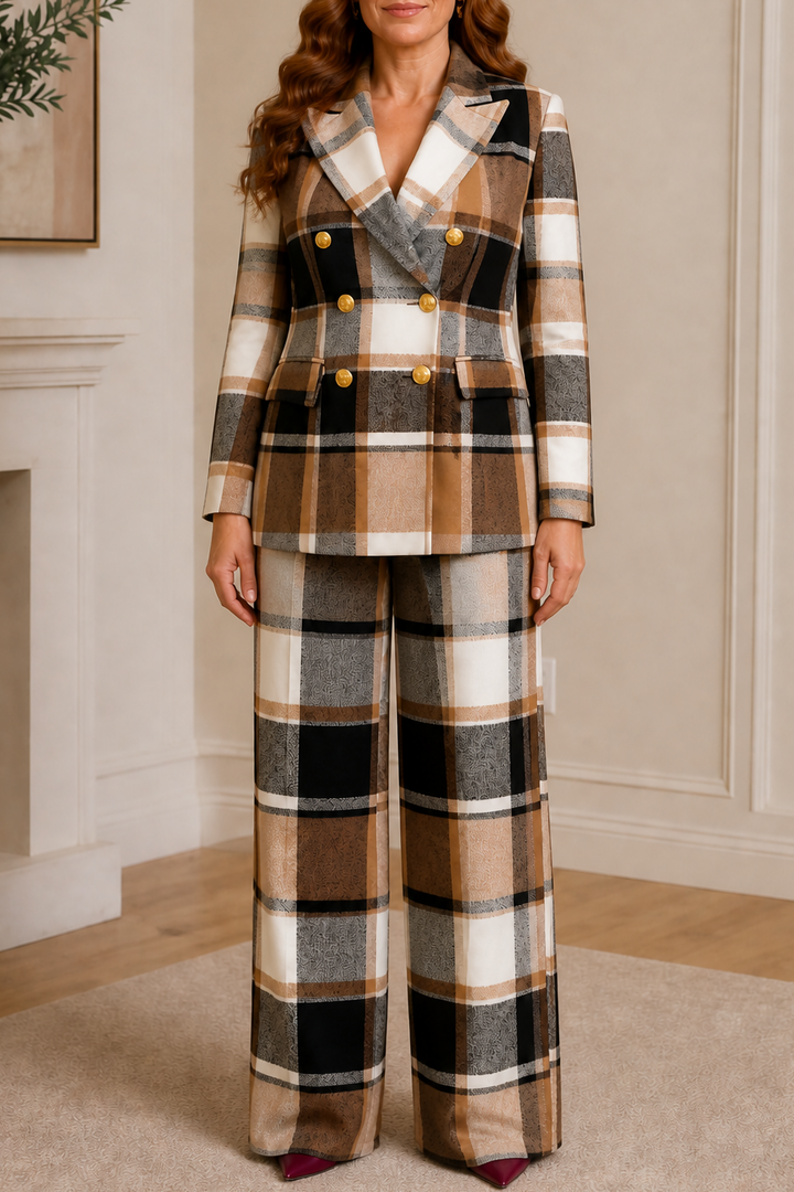 Composure – Plaid Double-Breasted Blazer &amp; Wide-Leg Pants Set