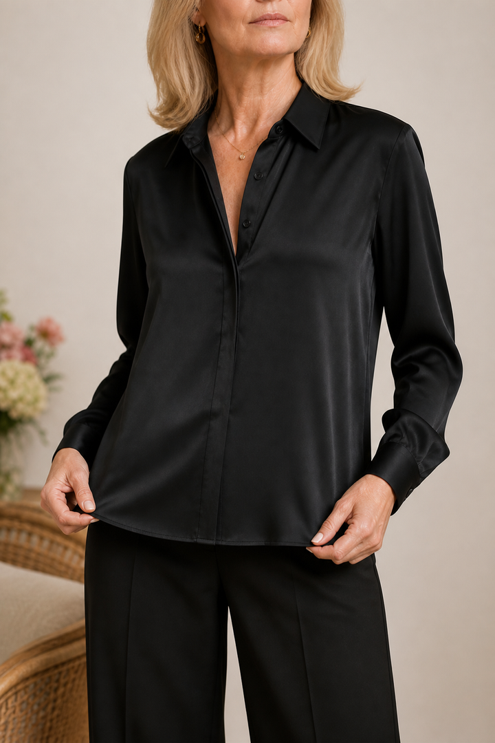 Placket &amp; Poise – Concealed Placket Satin Long Sleeve Blouse