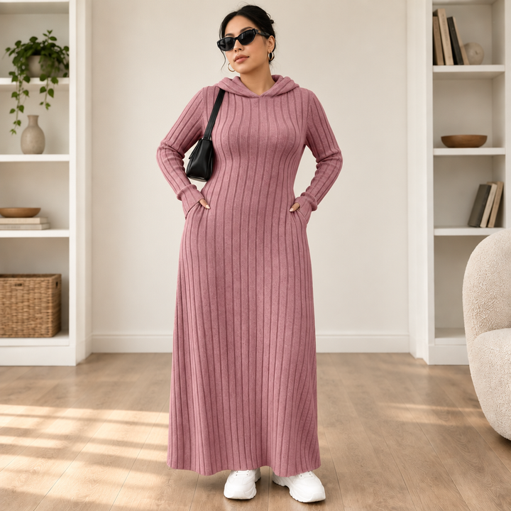 Ribwarm – Hooded Ribbed-Knit Maxi Sweater Dress
