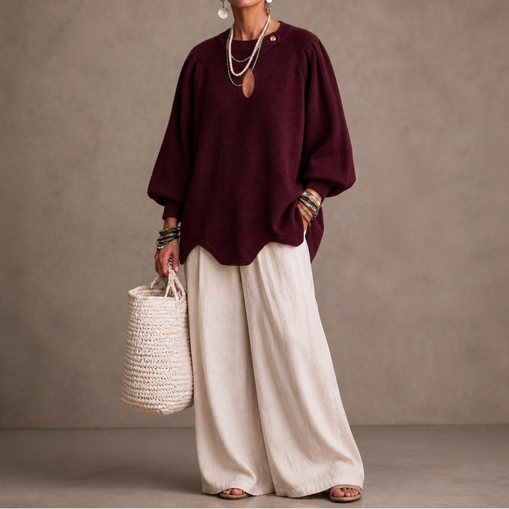 Wearbella – Teardrop Cutout Lantern Sleeve Knit Top
