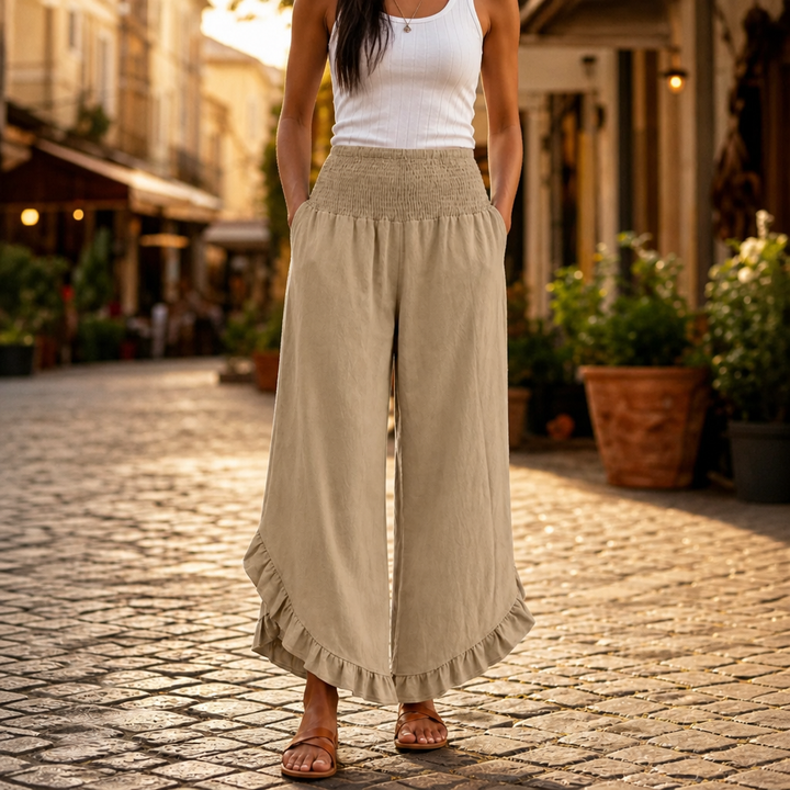 Linora – Cotton-Linen Smocked High-Waist Palazzo Pants