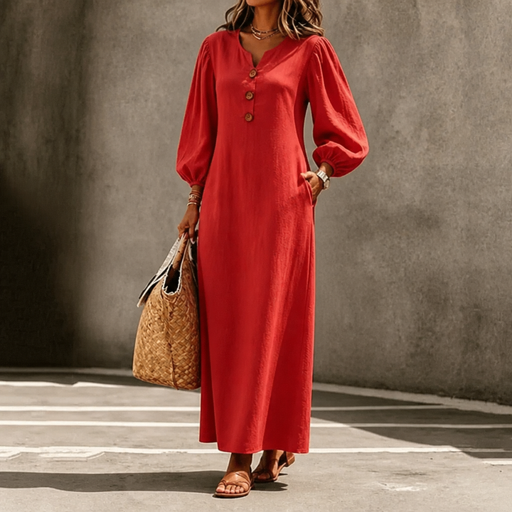 Everdrape – V-Neck Puff Sleeve Pocketed Maxi Dress