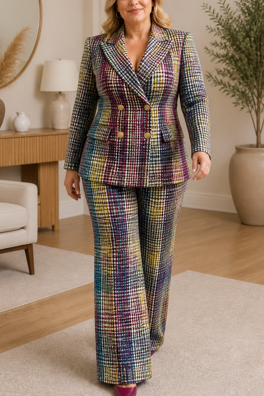 Composure – Plaid Double-Breasted Blazer &amp; Wide-Leg Pants Set