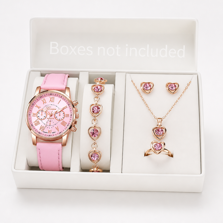 Fivella – Heart Dial 5-Piece Watch &amp; Jewelry Set