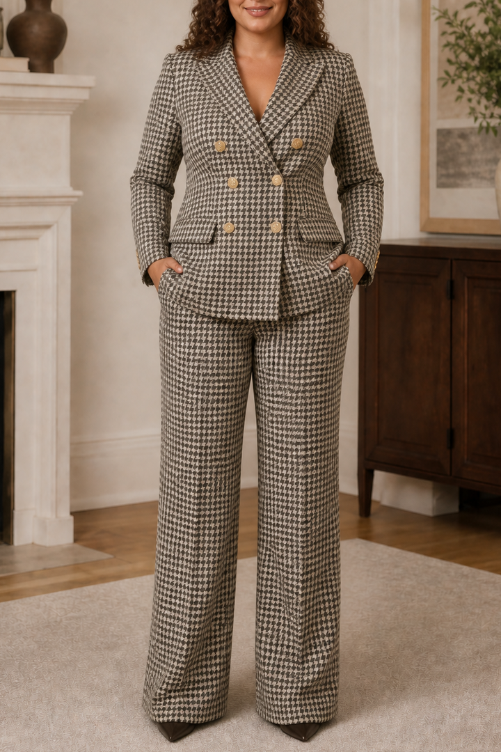 Composure – Plaid Double-Breasted Blazer &amp; Wide-Leg Pants Set