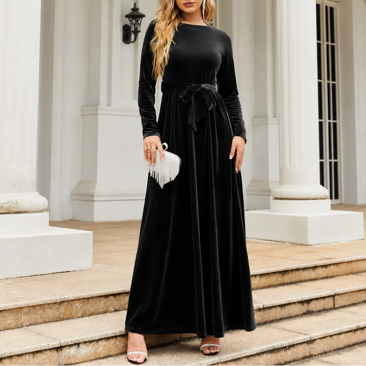 Velvora – Belted Velvet Look A-Line Maxi Dress