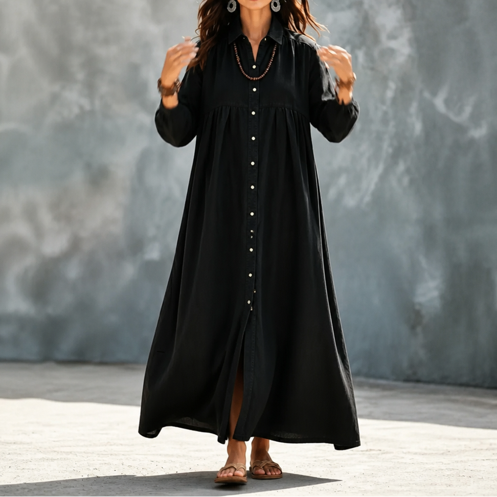 Linora – Button-Through Linen-Blend Maxi Shirt Dress