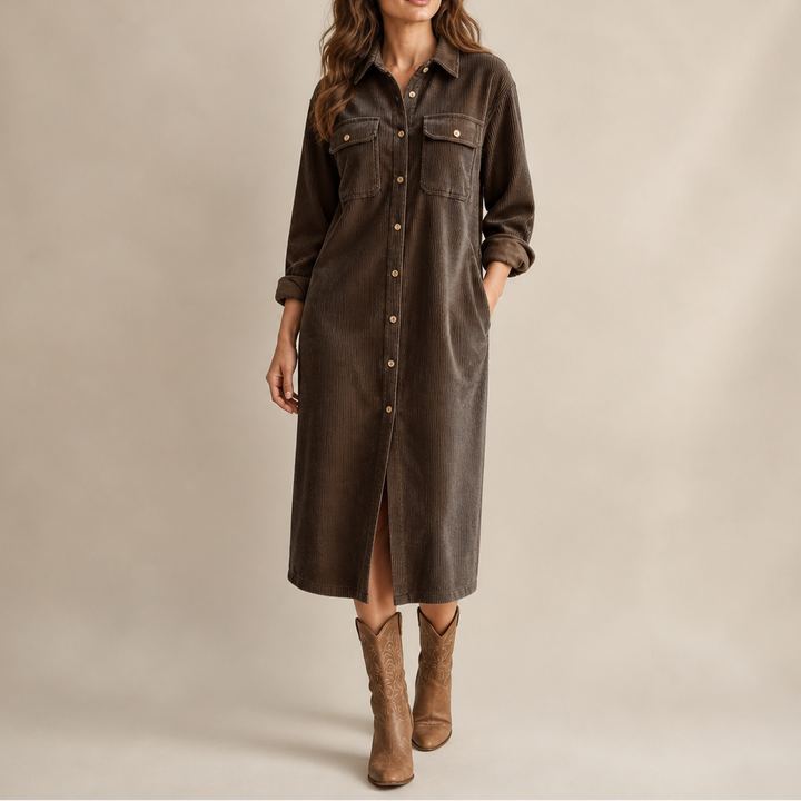 Corvella – Ribbed Corduroy Button-Front Shirt Dress