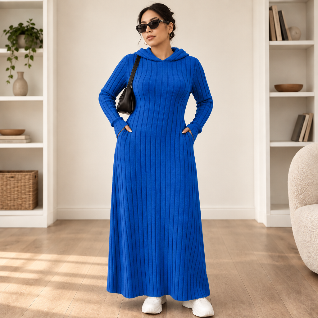 Ribwarm – Hooded Ribbed-Knit Maxi Sweater Dress