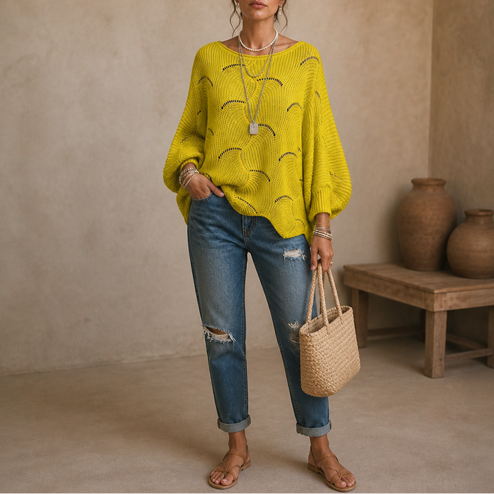 Wavelune – Openwork Wave-Knit Batwing Sweater