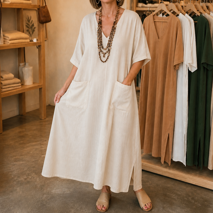 Marisole – Pocketed Loose-Fit V-Neck Maxi Dress