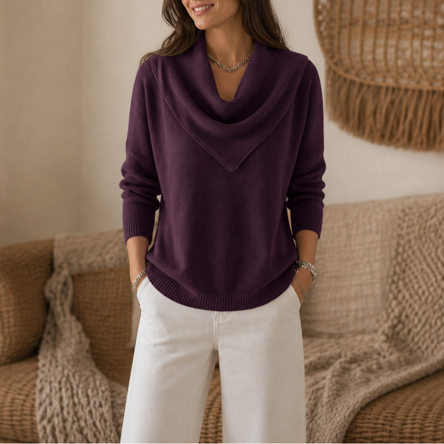 Collarvie – Draped Open-Collar Cowl Neck Sweater