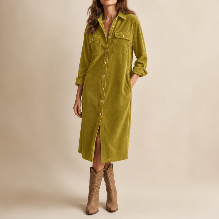 Corvella – Ribbed Corduroy Button-Front Shirt Dress