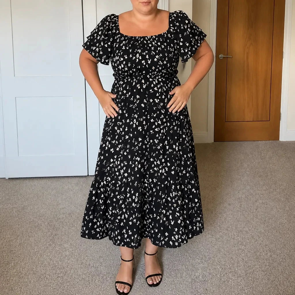 Florenza – Square Neck Floral Midi Dress with Smocked Bodice &amp; Tiered Skirt