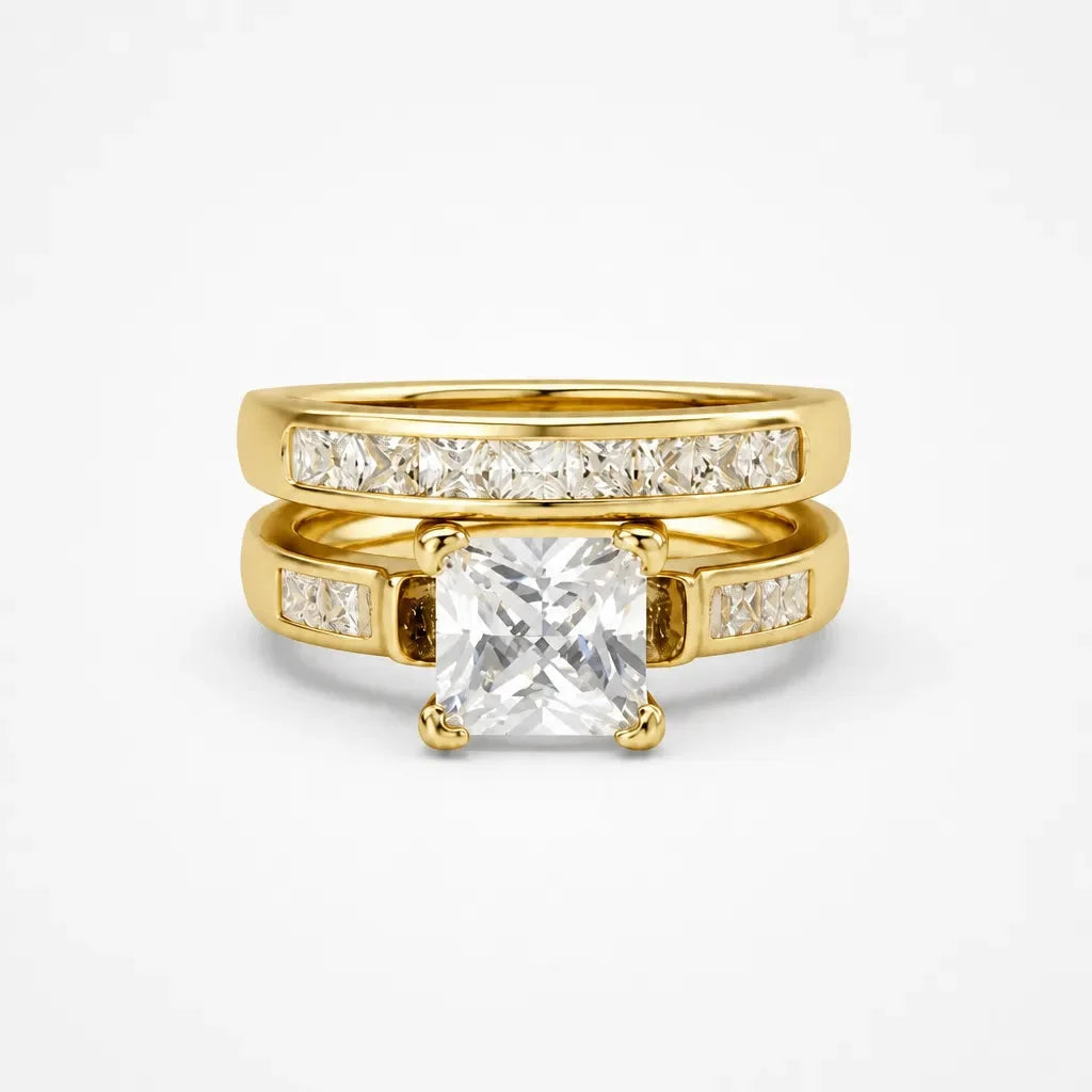 Aurelys – Matching 2-Piece Cubic Zirconia Ring Set, Princess-Cut Stackable Bridal Style, Gold or Silver Tone
