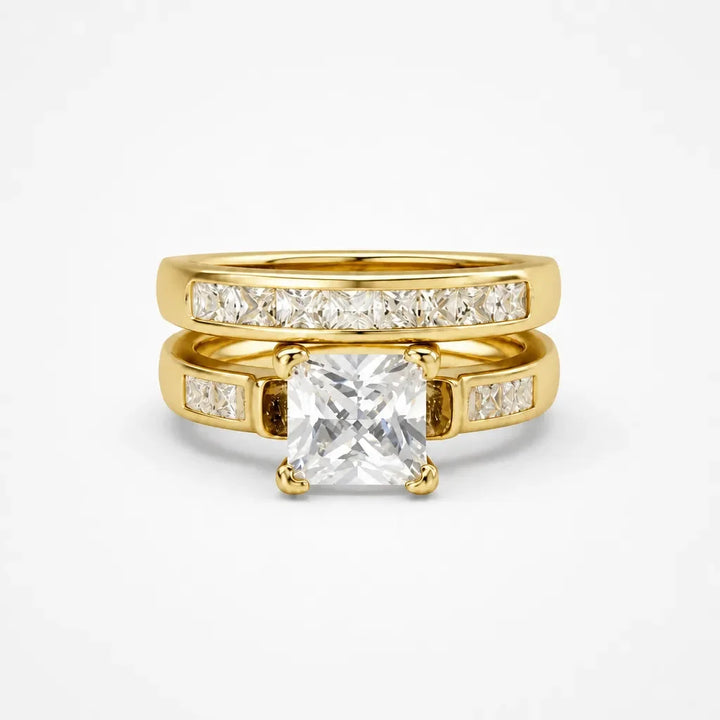 Aurelys – Matching 2-Piece Cubic Zirconia Ring Set, Princess-Cut Stackable Bridal Style, Gold or Silver Tone