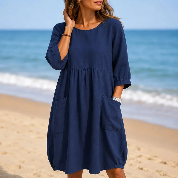 Marelle – Linen-Look Midi Dress with Three-Quarter Sleeves &amp; Pockets
