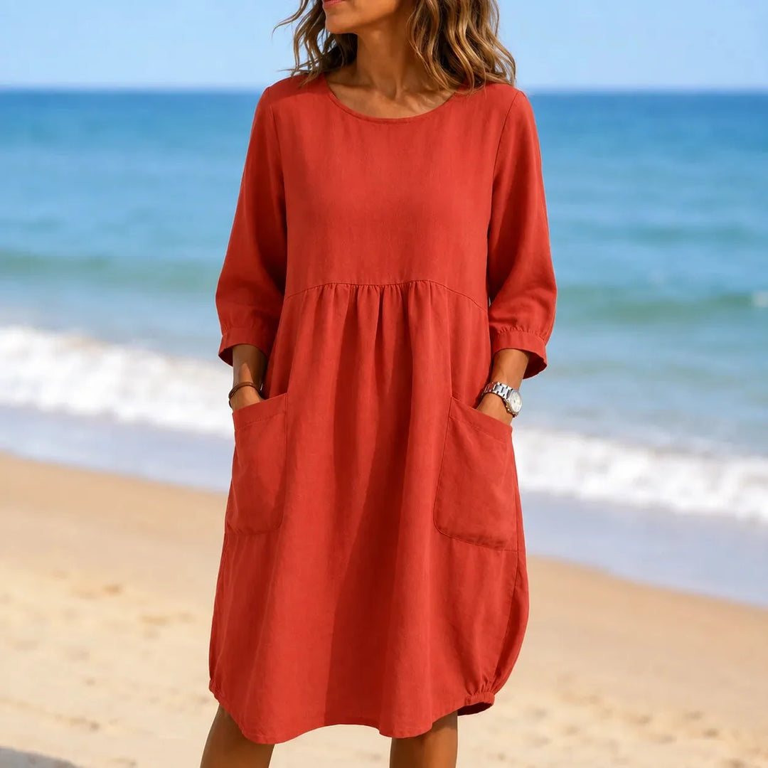 Marelle – Linen-Look Midi Dress with Three-Quarter Sleeves &amp; Pockets