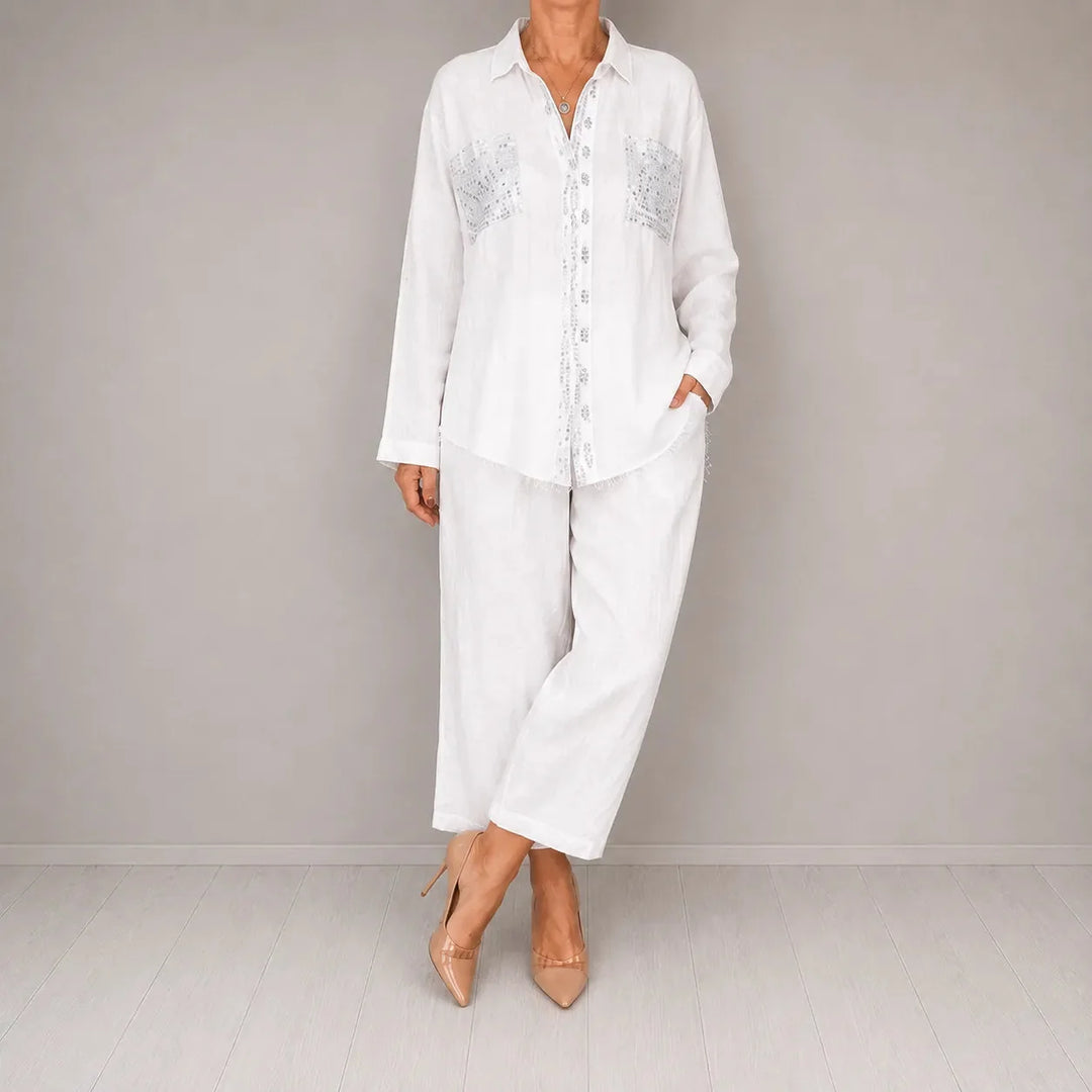 Sielora – Sequin Pocket Two Piece Set Wide Leg Pants Shirt Co-ord Women