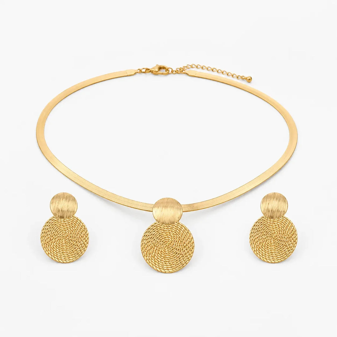 Aurenza – Gold necklace and earring set, textured medallion, flat snake chain