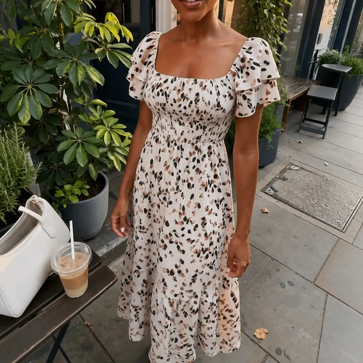 Florenza – Square Neck Floral Midi Dress with Smocked Bodice &amp; Tiered Skirt