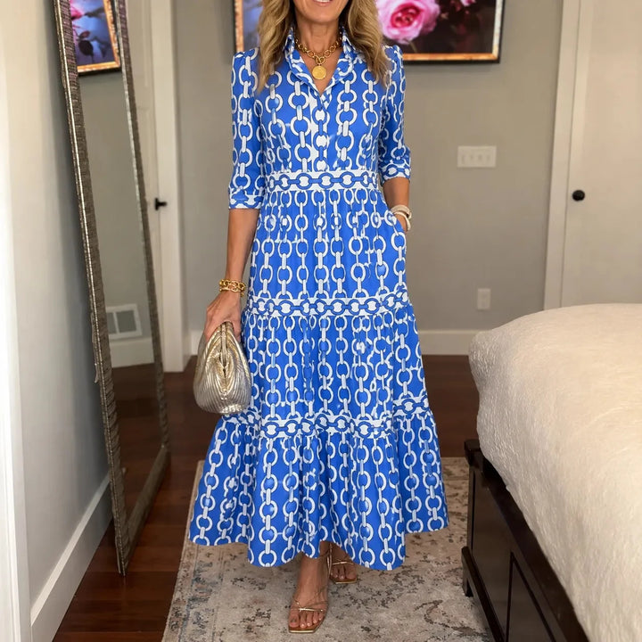 Verella – Chain-Print Tiered Maxi Dress with Pockets &amp; V-Neck