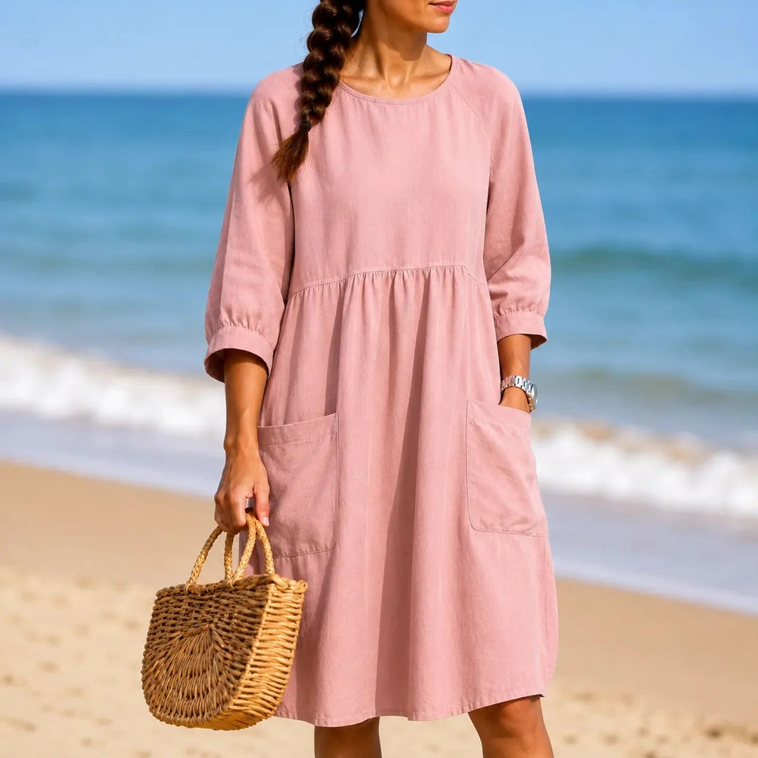 Marelle – Linen-Look Midi Dress with Three-Quarter Sleeves &amp; Pockets