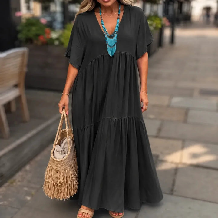 Vellira – Plus Size V-Neck Tiered Midi Dress
