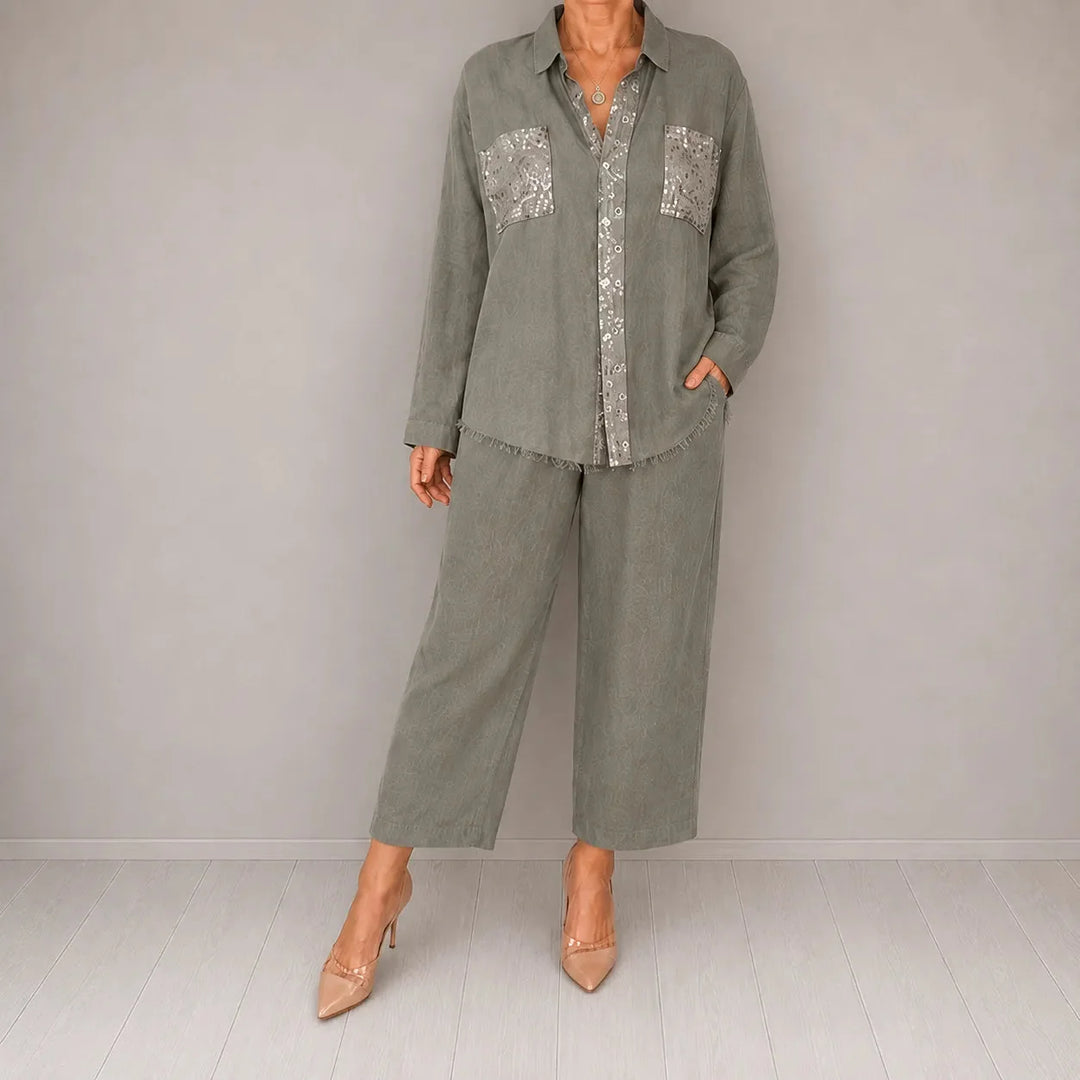 Sielora – Sequin Pocket Two Piece Set Wide Leg Pants Shirt Co-ord Women