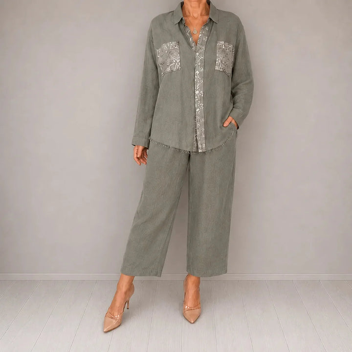 Sielora – Sequin Pocket Two Piece Set Wide Leg Pants Shirt Co-ord Women