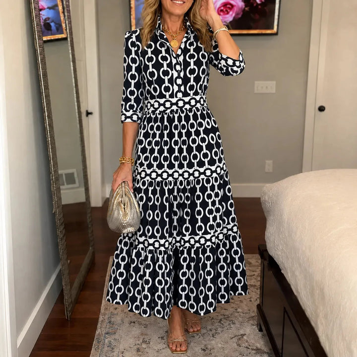 Verella – Chain-Print Tiered Maxi Dress with Pockets &amp; V-Neck