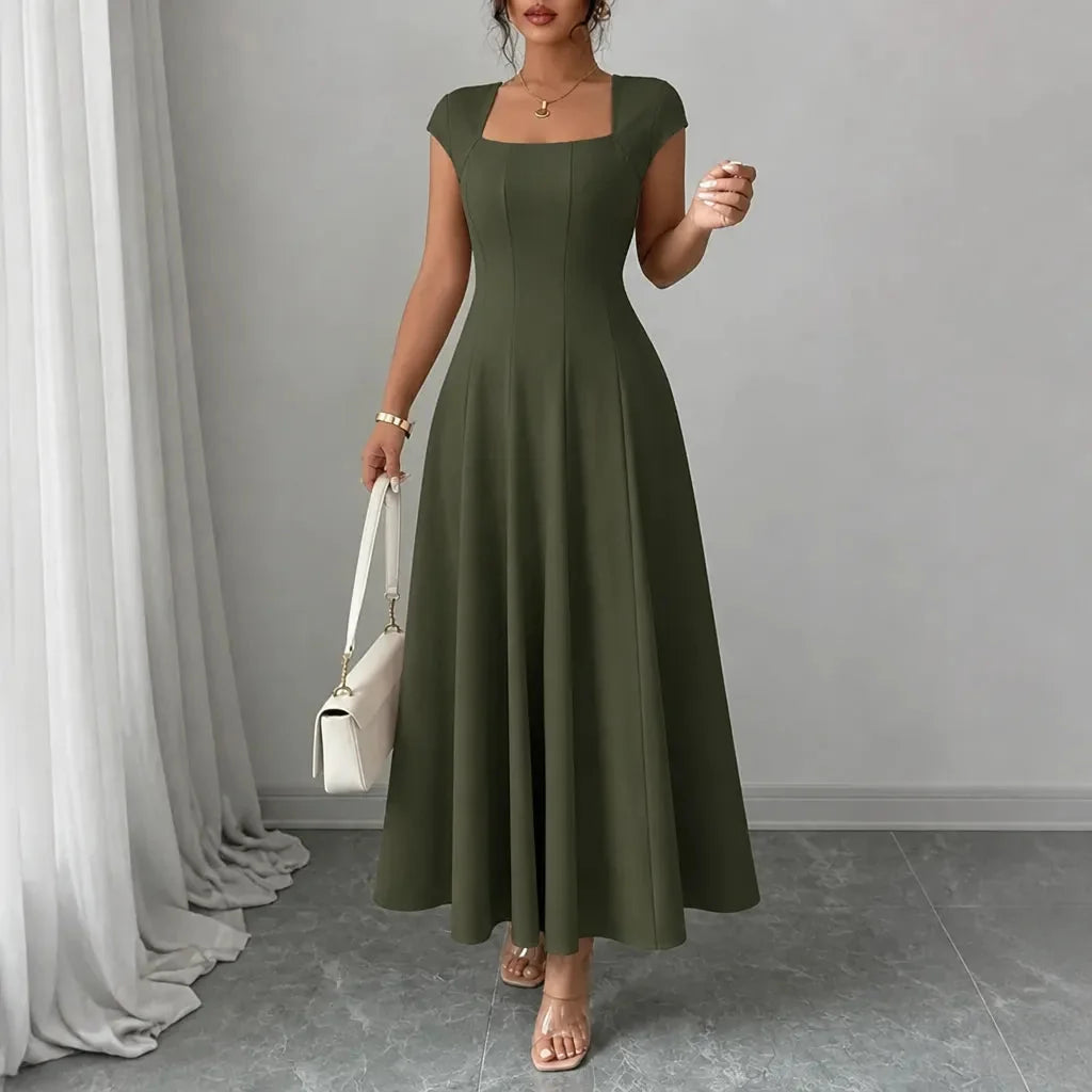 Elowyn – Square Neck A-Line Midi Dress with Sculpted Waist