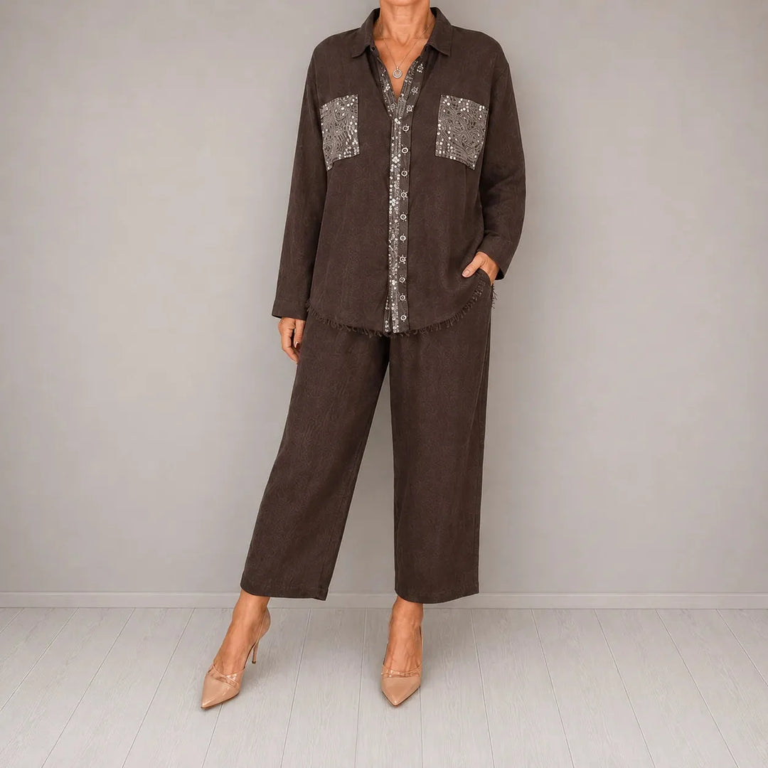 Sielora – Sequin Pocket Two Piece Set Wide Leg Pants Shirt Co-ord Women