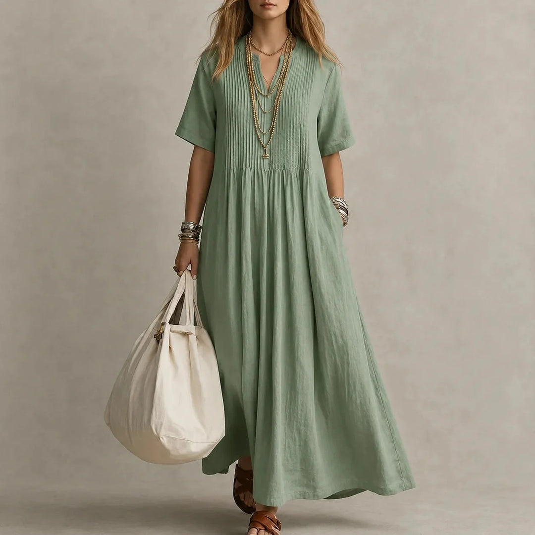 Lunavia – Pleated V-Neck Maxi Dress with Pockets