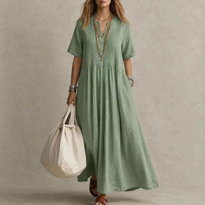 Lunavia – Pleated V-Neck Maxi Dress with Pockets