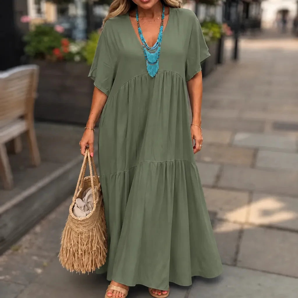 Vellira – Plus Size V-Neck Tiered Midi Dress
